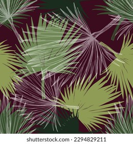 Elegant seamless pattern with green hand drawn line tropical leaves. A contemporary collage with simple shapes. Modern exotic design for paper, cover, fabric, wallpaper, interior. Vector graphics.