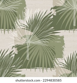 Elegant seamless pattern with green hand drawn line tropical leaves. A contemporary collage with simple shapes. Modern exotic design for paper, cover, fabric, wallpaper, interior. Vector graphics.