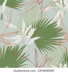 Elegante patrón sin costura con hojas tropicales de línea trenzada a mano verde. Un collage contemporáneo de formas simples. Diseño exótico moderno para papel, cubierta, tela, papel pintado, interior. Gráficos vectoriales.
