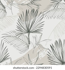 Elegante patrón sin costura con hojas tropicales de línea trenzada a mano verde. Un collage contemporáneo de formas simples. Diseño exótico moderno para papel, cubierta, tela, papel pintado, interior. Gráficos vectoriales.