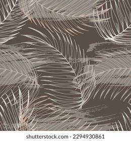 Elegant seamless pattern with green hand drawn line tropical leaves. A contemporary collage with simple shapes. Modern exotic design for paper, cover, fabric, wallpaper, interior. Vector graphics.