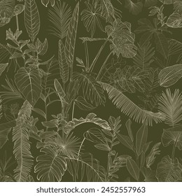 Elegant seamless pattern with green hand drawn line tropical leaves and flowers. Floral pattern. Vintage green background.