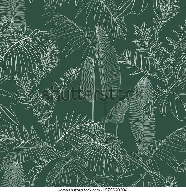 Elegant seamless pattern with green hand\
drawn line tropical leaves and flowers. Floral pattern. Vintage\
green background.