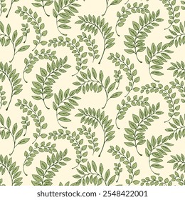 Elegant seamless pattern with green leaf motifs on a light background. Delicate botanical design with fine details in neutral tones, perfect for textiles, packaging, interior design, and stationery.