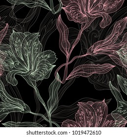 Elegant seamless pattern with hand drawn decorative lily  flowers, design elements. Floral pattern for wedding invitations, greeting cards, wallpapers, scrapbooking, print, gift wrap, manufacturing.