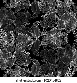 Elegant seamless pattern with hand drawn decorative flowers, design elements. Floral pattern for wedding invitations, greeting cards, wallpapers, scrapbooking, print, gift wrap, manufacturing.