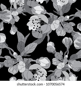 Elegant seamless pattern with hand drawn decorative cherry blossom flowers, design elements. Floral pattern for wedding invitations, greeting cards, scrapbooking, print, gift wrap, manufacturing.