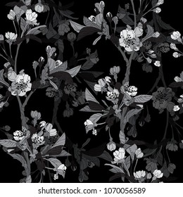 Elegant seamless pattern with hand drawn decorative cherry blossom flowers, design elements. Floral pattern for wedding invitations, greeting cards, scrapbooking, print, gift wrap, manufacturing.