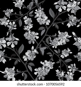 Elegant seamless pattern with hand drawn decorative cherry blossom flowers, design elements. Floral pattern for wedding invitations, greeting cards, scrapbooking, print, gift wrap, manufacturing.