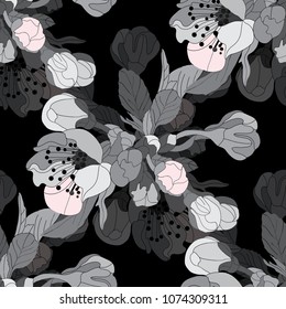 Elegant seamless pattern with hand drawn decorative cherry blossom flowers, design elements. Floral pattern for wedding invitations, greeting cards, scrapbooking, print, gift wrap, manufacturing.