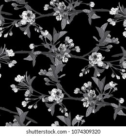 Elegant seamless pattern with hand drawn decorative cherry blossom flowers, design elements. Floral pattern for wedding invitations, greeting cards, scrapbooking, print, gift wrap, manufacturing.