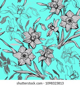 Elegant seamless pattern with hand drawn  flowers daffodils, narcissus. Monochrome floral elements on light blue background. Vector Illustration