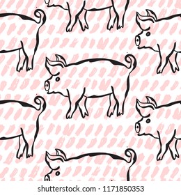Elegant seamless pattern with hand drawn pig (pork) symbols, design elements. Can be used for invitations, greeting cards, scrapbooking, print, gift wrap, manufacturing. 2019 symbol