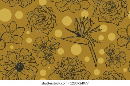 Elegant seamless pattern with hand drawn flowers, design elements. Floral  pattern for invitations, cards, print, gift wrap, manufacturing, textile, fabric, wallpapers