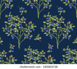 Elegante patrón sin costuras con arbustos de arándano azul dibujados a mano sobre fondo azul oscuro. Ilustración del vector