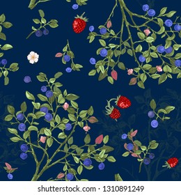 Elegante patrón sin costura con arbustos de arándanos arándanos dibujados a mano y fresas silvestres sobre fondo azul oscuro. Ilustración del vector
