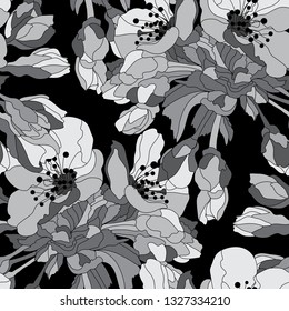 Elegant seamless pattern with hand drawn decorative cherry blossom flowers, design elements. Floral pattern for wedding invitations, greeting cards, scrapbooking, print, gift wrap, manufacturing.