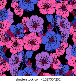 Elegant seamless pattern with hand drawn decorative cherry blossom flowers, design elements. Floral pattern for wedding invitations, greeting cards, scrapbooking, print, gift wrap, manufacturing.