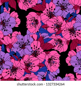 Elegant seamless pattern with hand drawn decorative cherry blossom flowers, design elements. Floral pattern for wedding invitations, greeting cards, scrapbooking, print, gift wrap, manufacturing.
