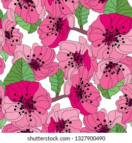 Elegant seamless pattern with hand drawn decorative cherry blossom flowers, design elements. Floral pattern for wedding invitations, greeting cards, scrapbooking, print, gift wrap, manufacturing.