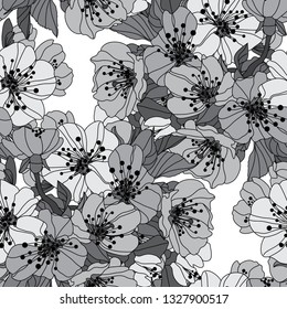 Elegant seamless pattern with hand drawn decorative cherry blossom flowers, design elements. Floral pattern for wedding invitations, greeting cards, scrapbooking, print, gift wrap, manufacturing.