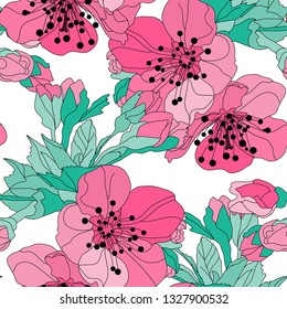 Elegant seamless pattern with hand drawn decorative cherry blossom flowers, design elements. Floral pattern for wedding invitations, greeting cards, scrapbooking, print, gift wrap, manufacturing.