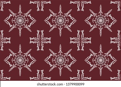 Elegant seamless pattern hand drawn with traditional ornament decoration and mixed with victorian style. Geometry for each side. red and white background.