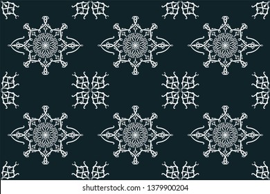 Elegant seamless pattern hand drawn with traditional ornament decoration and mixed with victorian style. Geometry for each side. blue and white background.