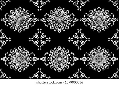Elegant seamless pattern hand drawn with traditional ornament decoration and mixed with victorian style. Geometry for each side. Black and white background.