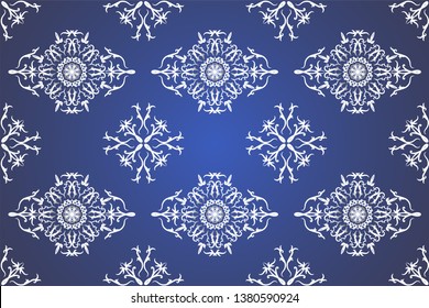 Elegant seamless pattern hand drawn traditional ornament decoration mixed with victorian style. Geometry each side for fashion fabric, knit, textile, batic. Blue background.