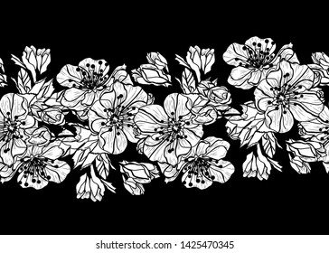Elegant seamless pattern with hand drawn decorative cherry blossom flowers, design elements. Floral pattern for wedding invitations, greeting cards, scrapbooking, print, gift wrap, manufacturing.