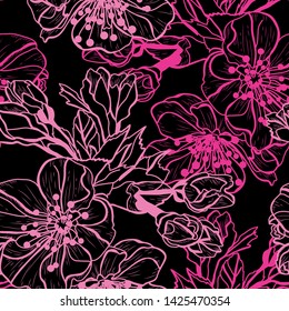 Elegant seamless pattern with hand drawn decorative cherry blossom flowers, design elements. Floral pattern for wedding invitations, greeting cards, scrapbooking, print, gift wrap, manufacturing.