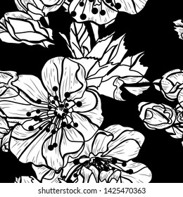Elegant seamless pattern with hand drawn decorative cherry blossom flowers, design elements. Floral pattern for wedding invitations, greeting cards, scrapbooking, print, gift wrap, manufacturing.