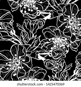 Elegant seamless pattern with hand drawn decorative cherry blossom flowers, design elements. Floral pattern for wedding invitations, greeting cards, scrapbooking, print, gift wrap, manufacturing.