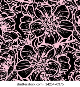 Elegant seamless pattern with hand drawn decorative cherry blossom flowers, design elements. Floral pattern for wedding invitations, greeting cards, scrapbooking, print, gift wrap, manufacturing.