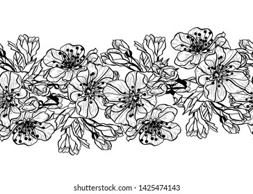 Elegant seamless pattern with hand drawn decorative cherry blossom flowers, design elements. Floral pattern for wedding invitations, greeting cards, scrapbooking, print, gift wrap, manufacturing.