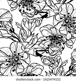 Elegant seamless pattern with hand drawn decorative cherry blossom flowers, design elements. Floral pattern for wedding invitations, greeting cards, scrapbooking, print, gift wrap, manufacturing.