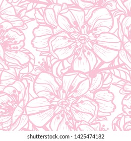 Elegant seamless pattern with hand drawn decorative cherry blossom flowers, design elements. Floral pattern for wedding invitations, greeting cards, scrapbooking, print, gift wrap, manufacturing.