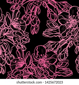 Elegant seamless pattern with hand drawn decorative cherry blossom flowers, design elements. Floral pattern for wedding invitations, greeting cards, scrapbooking, print, gift wrap, manufacturing.