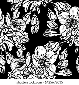 Elegant seamless pattern with hand drawn decorative cherry blossom flowers, design elements. Floral pattern for wedding invitations, greeting cards, scrapbooking, print, gift wrap, manufacturing.