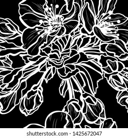 Elegant seamless pattern with hand drawn decorative cherry blossom flowers, design elements. Floral pattern for wedding invitations, greeting cards, scrapbooking, print, gift wrap, manufacturing.