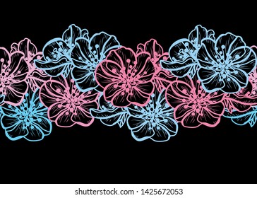 Elegant seamless pattern with hand drawn decorative cherry blossom flowers, design elements. Floral pattern for wedding invitations, greeting cards, scrapbooking, print, gift wrap, manufacturing.
