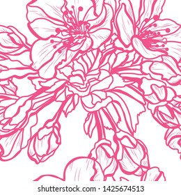 Elegant seamless pattern with hand drawn decorative cherry blossom flowers, design elements. Floral pattern for wedding invitations, greeting cards, scrapbooking, print, gift wrap, manufacturing.
