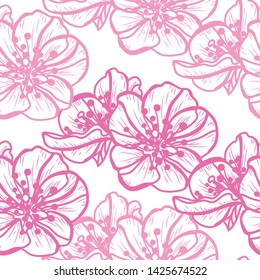 Elegant seamless pattern with hand drawn decorative cherry blossom flowers, design elements. Floral pattern for wedding invitations, greeting cards, scrapbooking, print, gift wrap, manufacturing.
