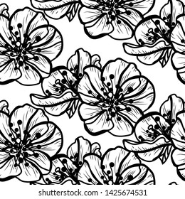 Elegant seamless pattern with hand drawn decorative cherry blossom flowers, design elements. Floral pattern for wedding invitations, greeting cards, scrapbooking, print, gift wrap, manufacturing.