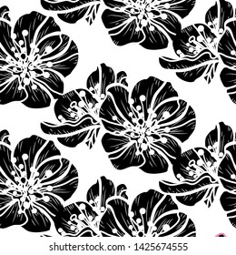 Elegant seamless pattern with hand drawn decorative cherry blossom flowers, design elements. Floral pattern for wedding invitations, greeting cards, scrapbooking, print, gift wrap, manufacturing.