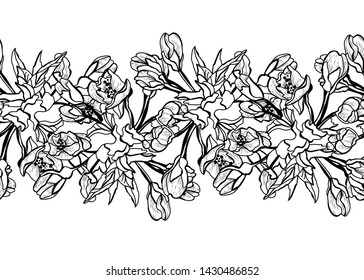 Elegant seamless pattern with hand drawn decorative cherry blossom flowers, design elements. Floral pattern for wedding invitations, greeting cards, scrapbooking, print, gift wrap, manufacturing.