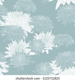 Elegant seamless pattern with hand drawn mint line chrysanthemum flowers, design elements. Floral pattern for wedding invitations, greeting cards, scrapbooking, print, gift wrap, manufacturing.
