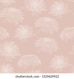 Elegant seamless pattern with hand drawn line chrysanthemum flowers. Floral pattern for wedding invitations, greeting cards, scrapbooking, print, gift wrap, manufacturing. Beige background.