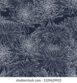 Elegant seamless pattern with hand drawn line chrysanthemum flowers. Floral pattern for wedding invitations, greeting cards, scrapbooking, print, gift wrap, manufacturing. Blue background.